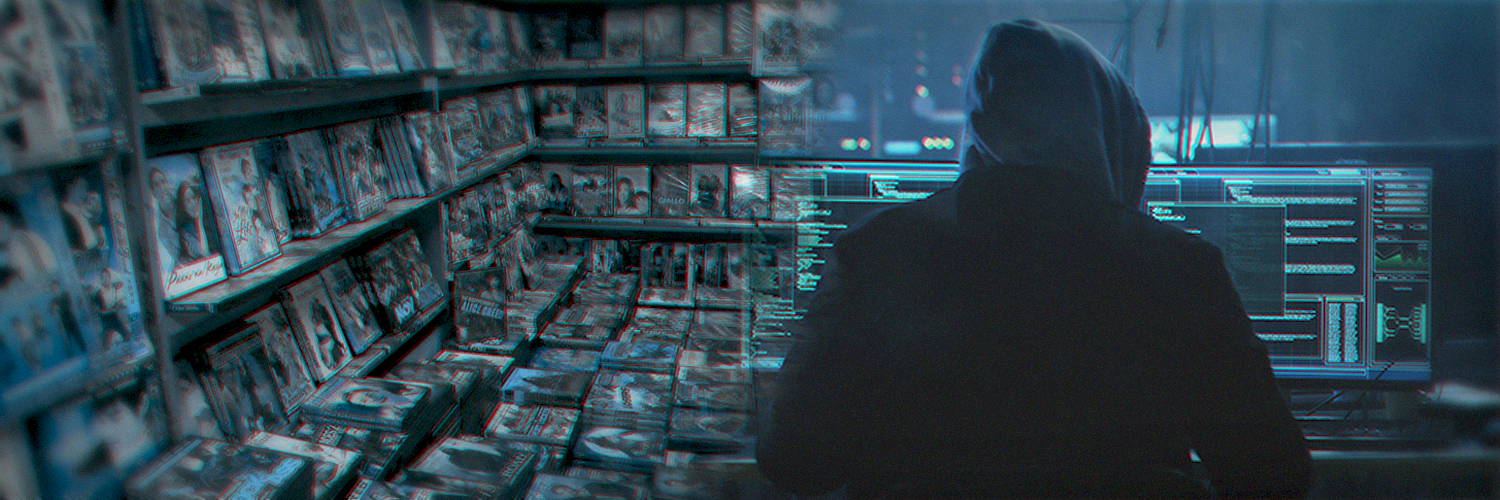 A shadowy figure navigating a digital world filled with stolen media.