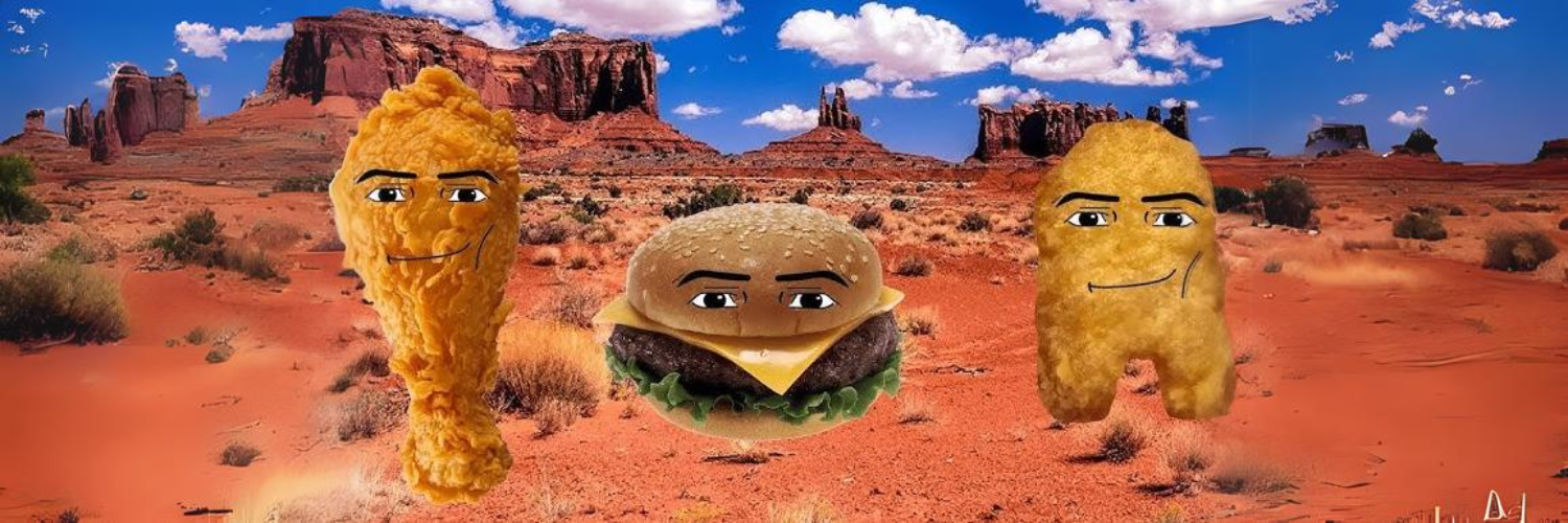 A humorous image of food items with faces in a Western desert setting.