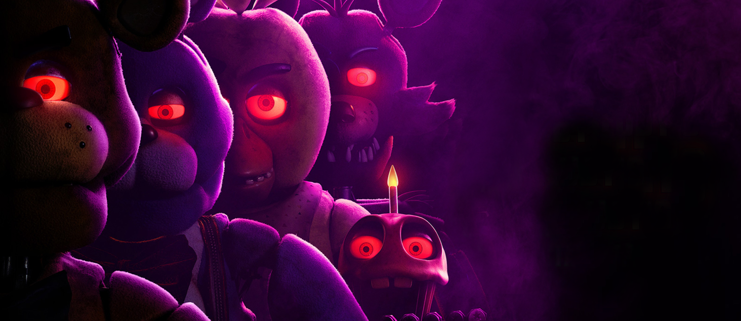 A sinister gathering of animatronics illuminated by a single candle.